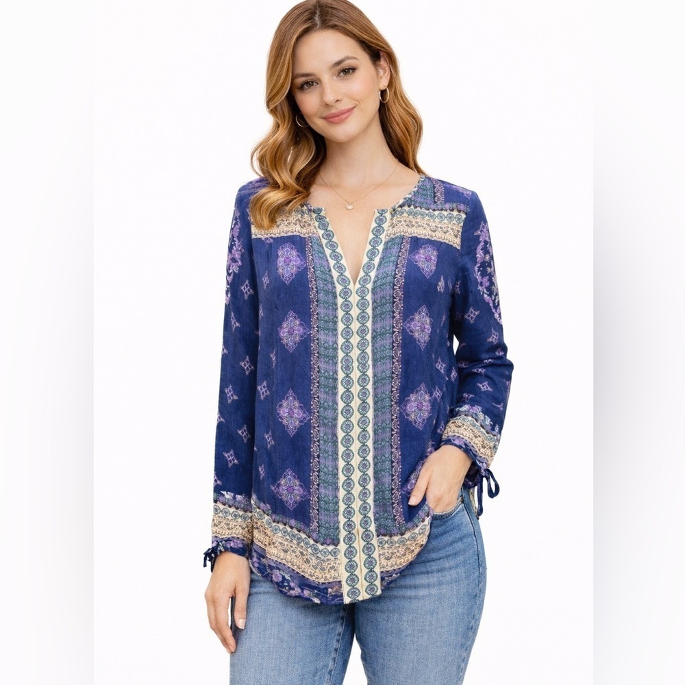 Lucky Brand Blue Purple Boho Long Sleeve Tie Cuff Blouse Size S